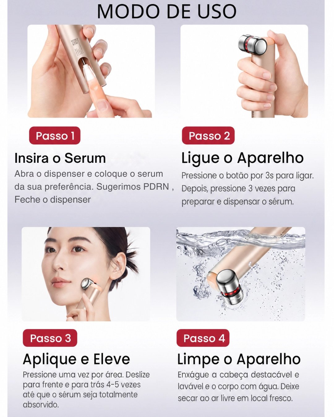 Lumini Massageador Facial Elétrico, Dispositivo de Beleza com Microcorrente e Estimulo a Absorção de Serum para Lifting Facial