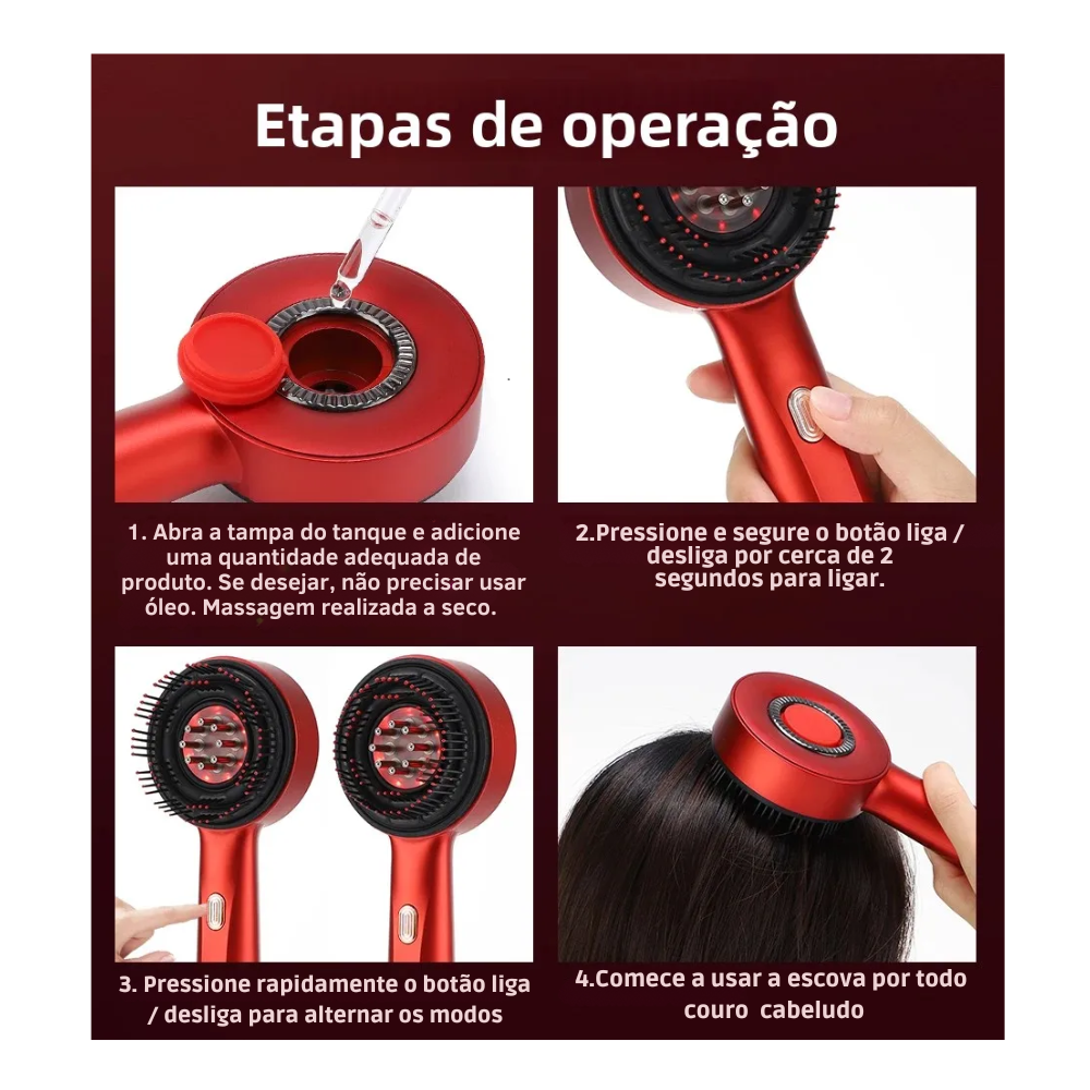 Escova Elétrica Massagem Couro Cabeludo e Terapia Led - Crescimento do Cabelo, Anti Queda com Aplicador de Óleo