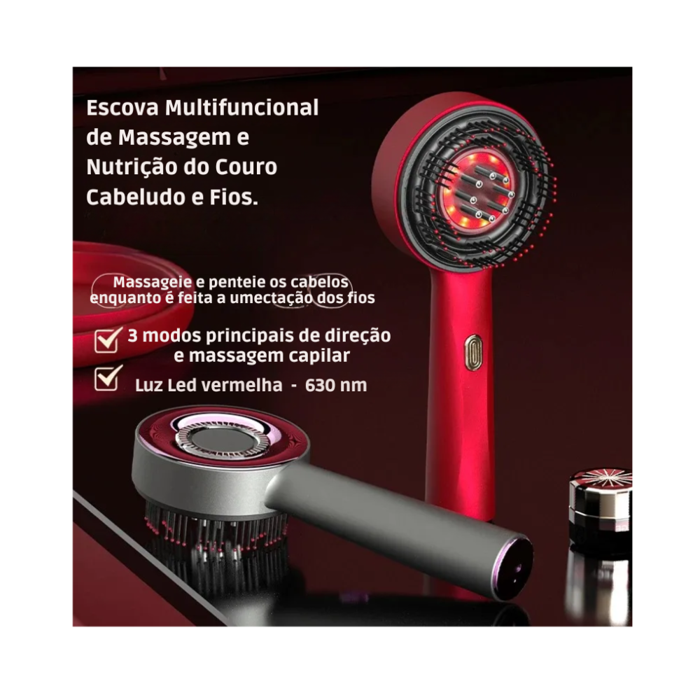 Escova Elétrica Massagem Couro Cabeludo e Terapia Led - Crescimento do Cabelo, Anti Queda com Aplicador de Óleo