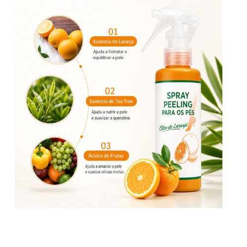 Spray Peeling para Pés com Óleo de Laranja – Removedor de Pele e Calosidades, Esfoliante e Amaciante Pés