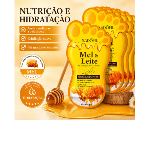 Máscara Esfoliante e Hidratante para Pés com Mel e Leite – 5 Pares para Pele Áspera e Ressecada