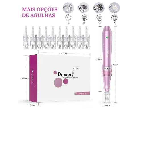 Caneta de Microagulhamento Dr.Pen M7-C com Fio, Profundidade Ajustável até 2,5 mm, 5 Velocidades e Cartucho de 12 Agulhas