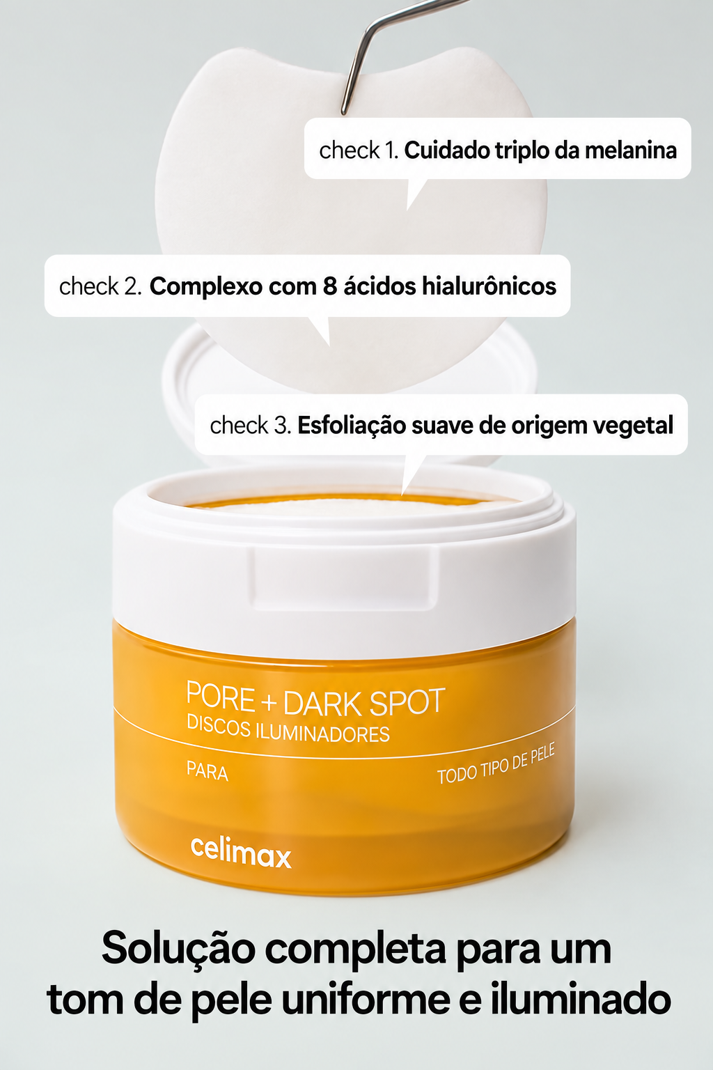 Discos Celimax para Poros e Manchas Escuras 80 Unidades Toner Pads Esfoliantes com Ácido Hialurônico para Pele Sensível