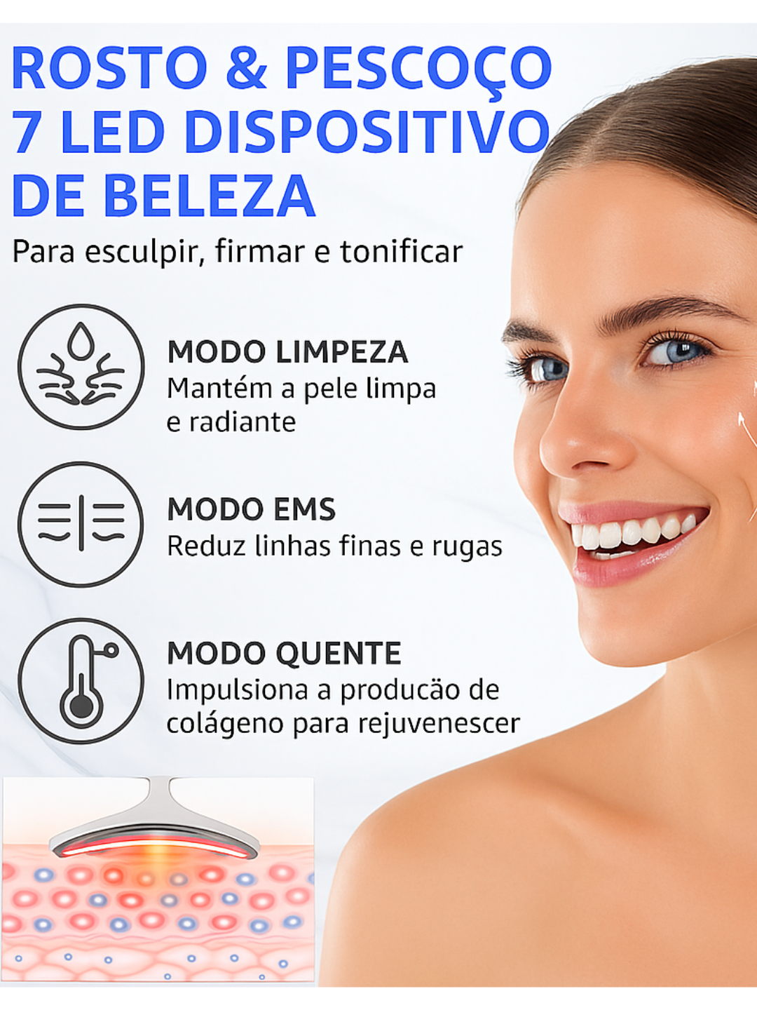 Kemoko Dispositivo de Beleza para Pescoço e Rosto com Microcorrente para lifting facial