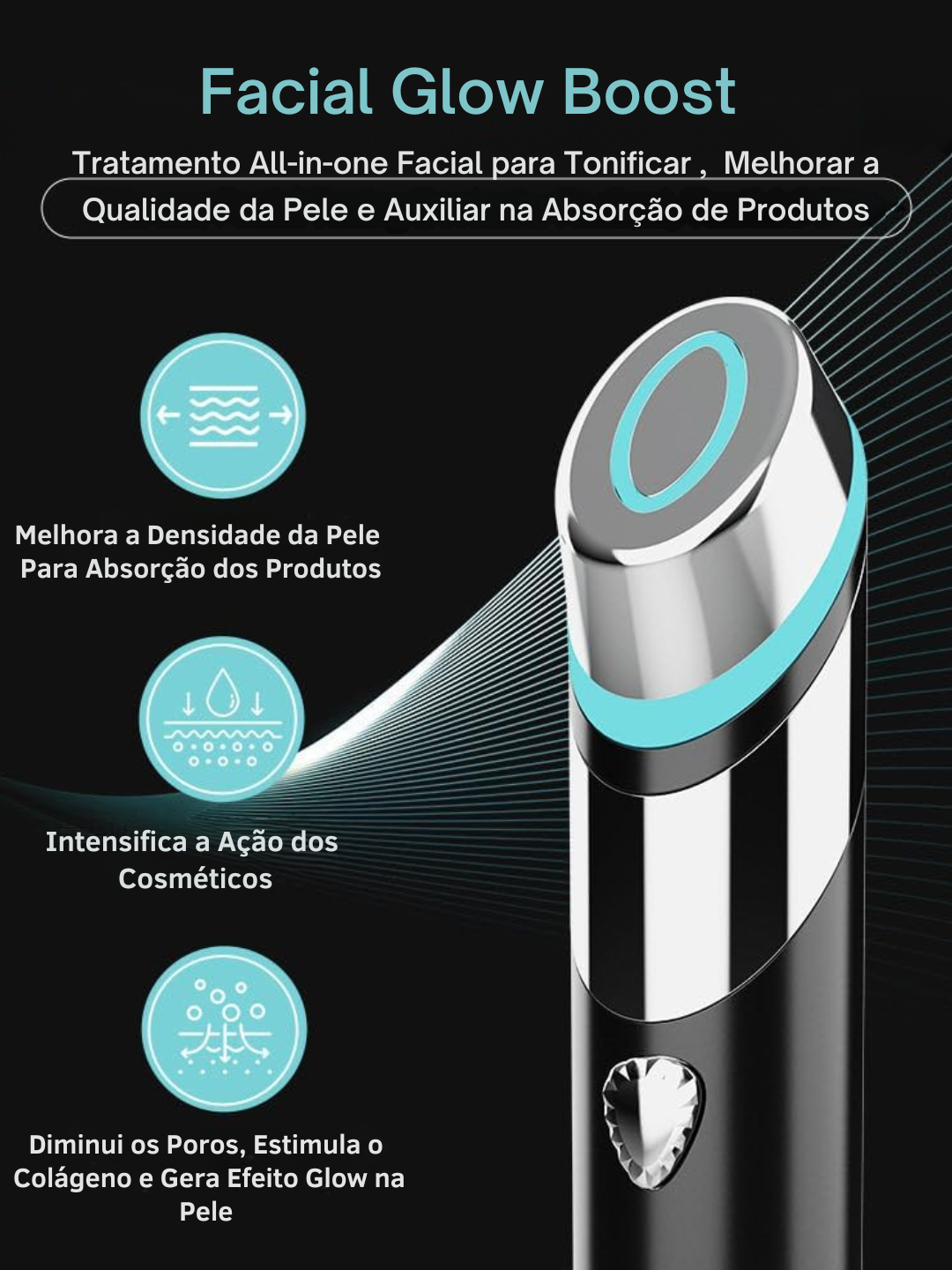 Glow Skin 4 em 1 – Dispositivo Facial com Microcorrente, Luz LED , Vibração e Calor para Pele de Vidro, Firmeza e Melhor Absorção de Skincare