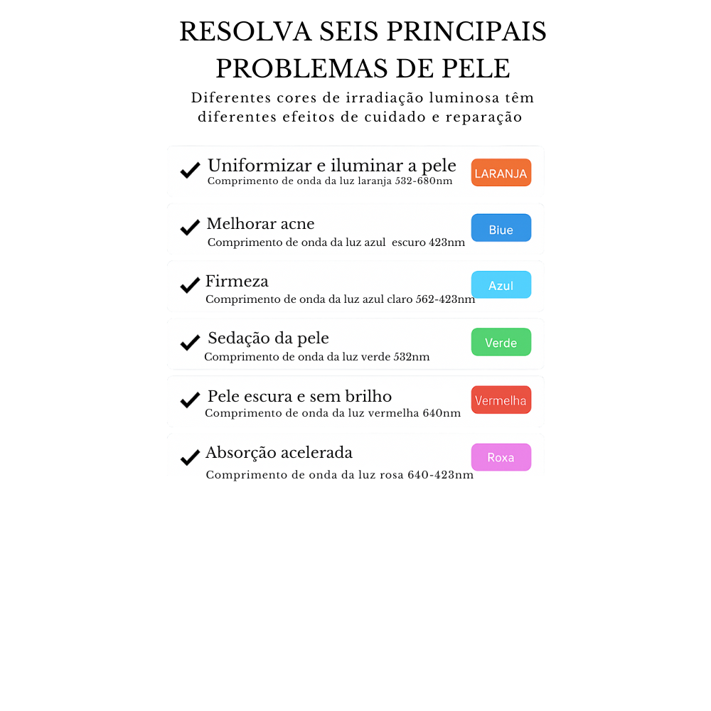 Dispositivo para Face, Pescoço, Mãos e Colo com Luz Led de 7 cores, Rejuvenecimento da pele e Tratamento Anti Acne