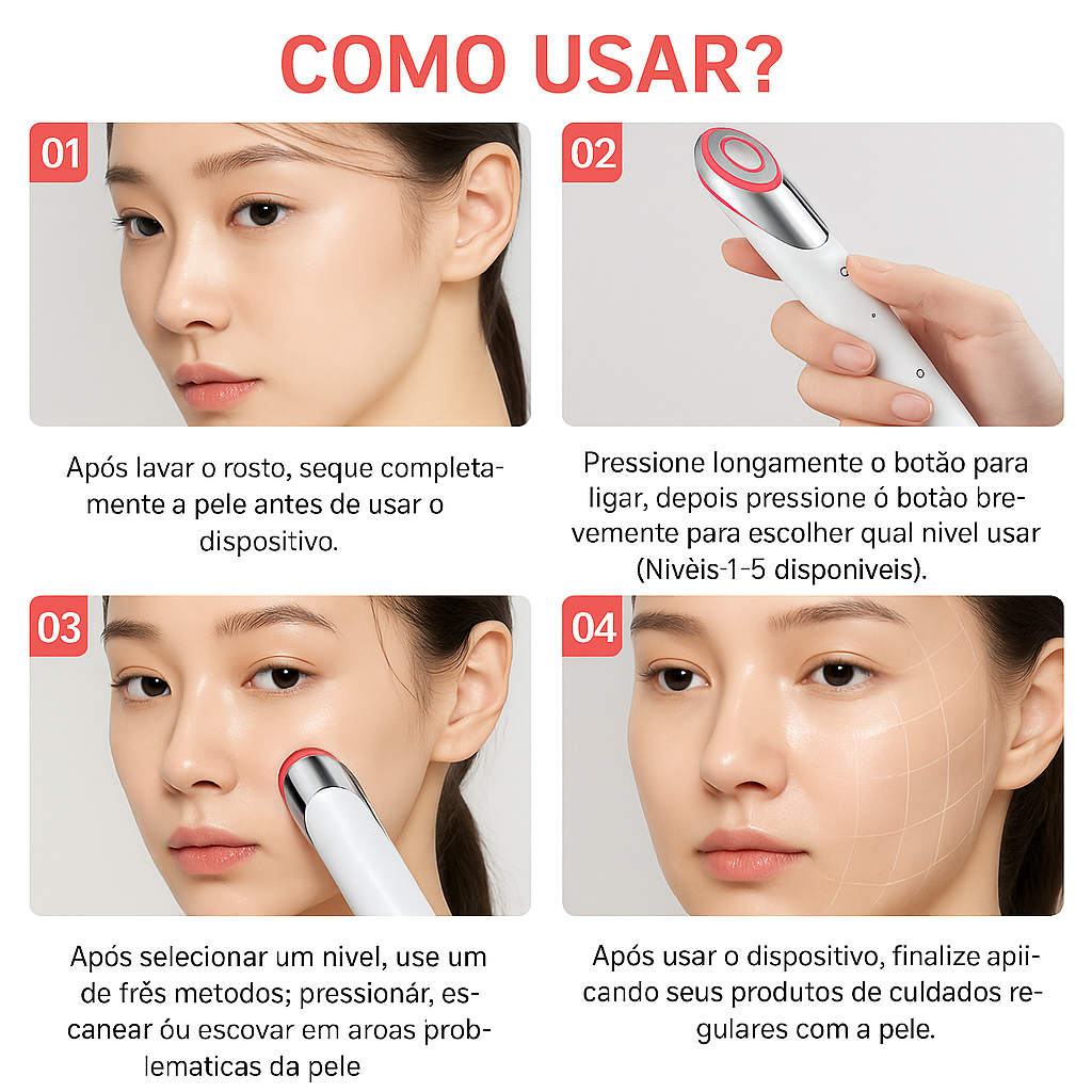 Glow Skin 4 em 1 – Dispositivo Facial com Microcorrente, Luz LED , Vibração e Calor para Pele de Vidro, Firmeza e Melhor Absorção de Skincare