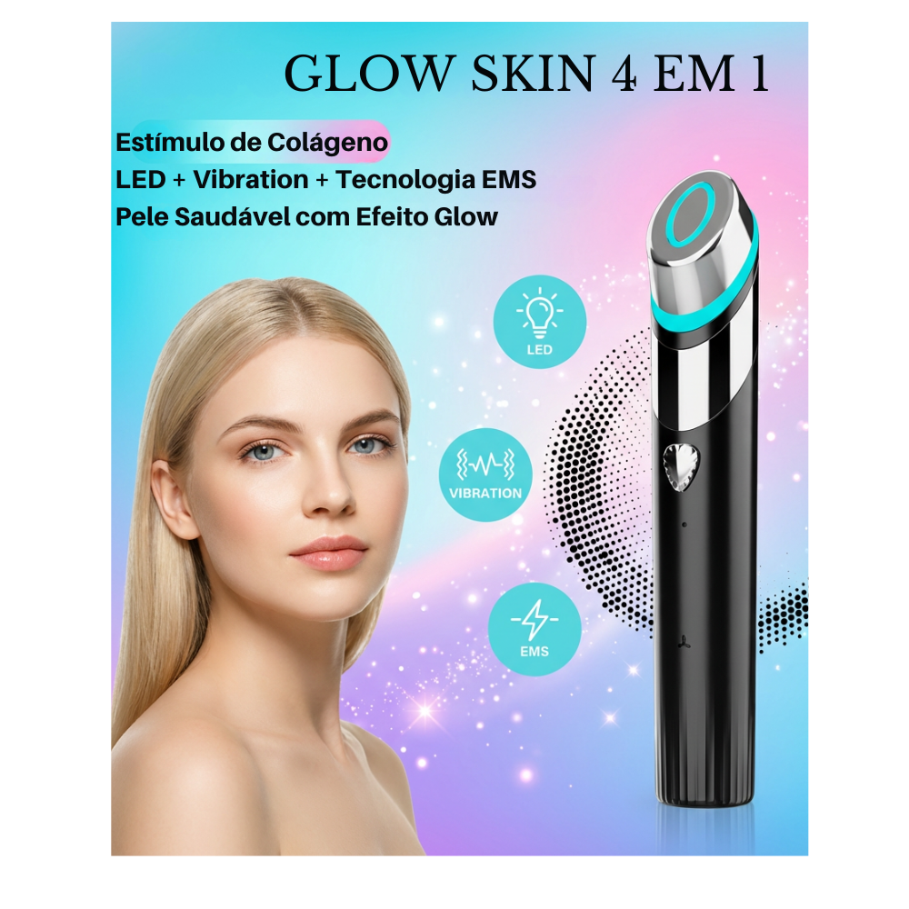 Glow Skin 4 em 1 – Dispositivo Facial com Microcorrente, Luz LED , Vibração e Calor para Pele de Vidro, Firmeza e Melhor Absorção de Skincare