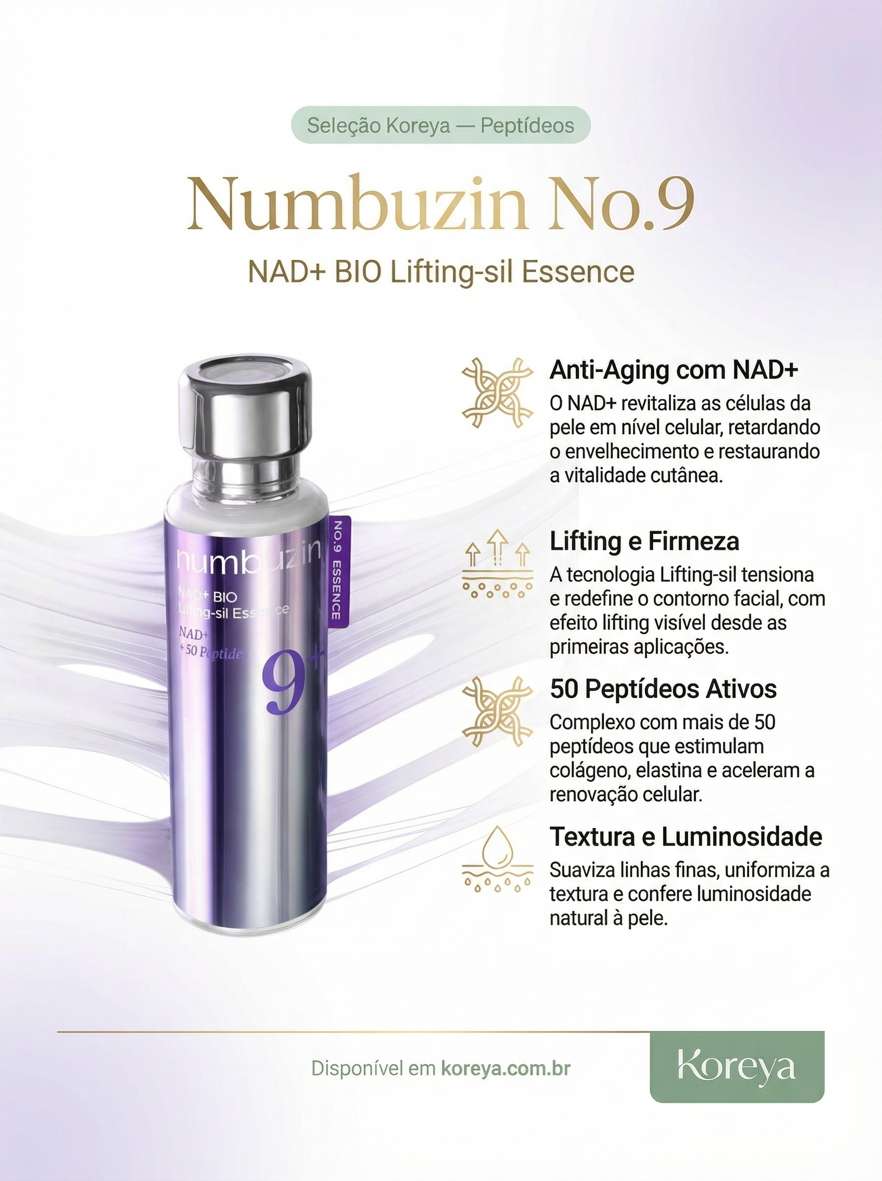 Numbuzin No.9 NAD+ BIO Lifting-sil Essence com 50 Peptídeos para Firmeza, Luminosidade e Linhas Finas – 50 ml